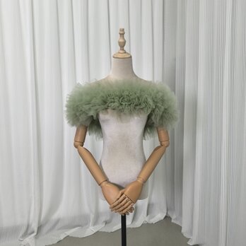 取り外しオフショルダー グリーン ラッフルフリル 編み上げ 花嫁/ウェディングドレス 可愛いの画像