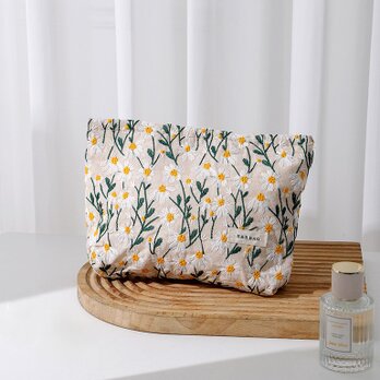 ジャガード織り　デージー　雛菊　上品　花柄　麻　エクルベージュ　大きめ　コスメ　化粧ポーチ　おむつポーチの画像