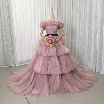 上品！カラードレス 取り外しオフショルダー ピンク キラキラチュール ベルト 結婚式 ティアードのドレス 花嫁の画像