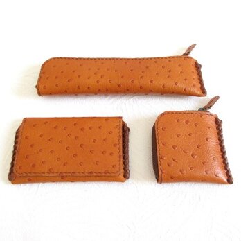【３点セット】オーストリッチ型押し『名刺入れ・ペンケース・コインケース』セット・001