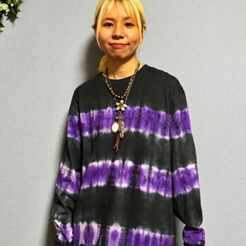 タイダイ 長袖Ｔシャツ Lサイズ ブラック×パープル ボーダー HIPPIES DYE HD23-51の画像