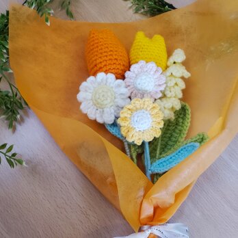 ニットフラワー 編み物ブーケ インテリア プレゼント 花束 フラワーブーケの画像