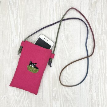 手刺繍スマホショルダー かご猫の画像
