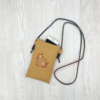 手刺繍スマホショルダー 花猫の画像