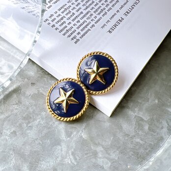 P622-ヴィンテージピアス U.S.A. Gold Tone Navy Enamel Paint Star Emblemの画像