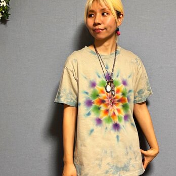 タイダイ Tシャツ Mサイズ 曼荼羅 ベージュ×ブルー ムラ染め Hippies Dye HD23-56の画像