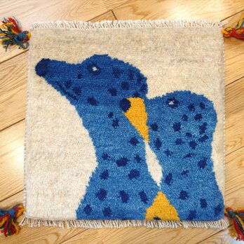 ペルシャ ギャッベ　ミニマット　40x40.5cm　犬　青色　ベージュ　T9066Gの画像