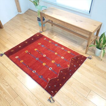 ペルシャ ギャッベ　玄関マット大　ウール　118x85cm　茜色　花　丘　RD2176Gの画像