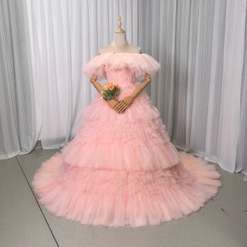 人気上昇！カラードレス 薄ピンク 取り外しオフショルダー フリルドレス チュールドレス 結婚式の画像