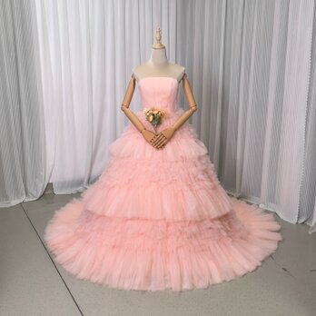 人気上昇！カラードレス 薄ピンク ベアトップ フリルドレス チュールドレス 結婚式の画像