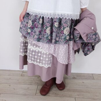[予約販売] トリプルワッシャー万葉木綿くすみピンクMIXレースフリルスカート☆セットアップにもなりますの画像