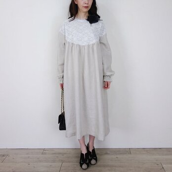 [予約販売] ヨーロッパナチュラルリネンアンティーク風丸ヨーク袖フリルワンピースの画像