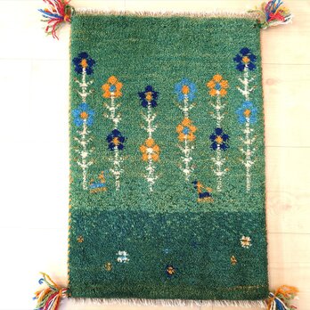 ペルシャ　ギャッベ　玄関マット小　60x41.5cm　緑色　花柄　NN16823sの画像