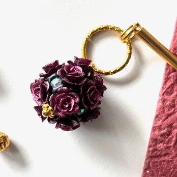 かんざし　薔薇のブーケの様なボールビーズ　赤紫　レッド　パープル　ゴールド　洋風　一本簪　一本挿し　春秋の画像