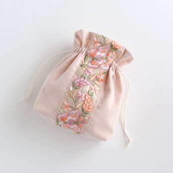インド刺繍リボンのマチのある巾着ポーチ 　ピンク