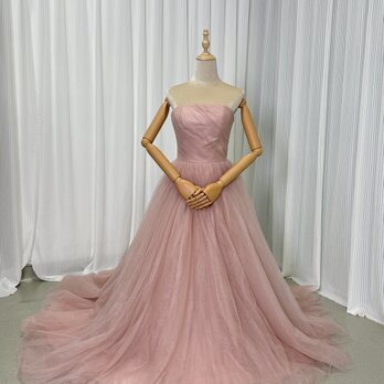 上品！カラードレス もも色 ベアトップ スレンダーライン 編み上げ 花嫁 披露宴の画像