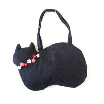 【新作】デニムの猫バッグ ショルダータイプ＊お花モチーフ ピンクの画像