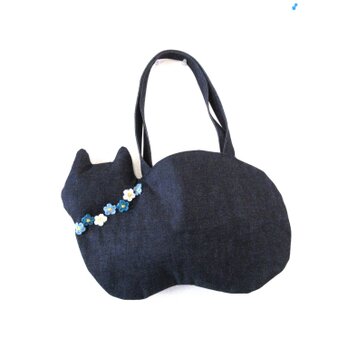 【新作】デニムの猫バッグ ショルダータイプ＊お花モチーフ ブルーの画像