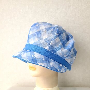 魅せる帽子☆ふんわり軽い♪オパールプリントのコットンキャスケット～ブルーの画像
