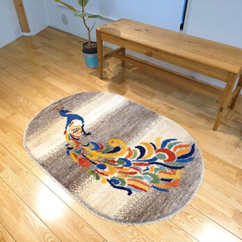 ペルシャ　ギャッベ ソファ前　玄関マット　小判型　楕円形　ラグ　120Φ82cm　孔雀　グレー　RJ13296の画像