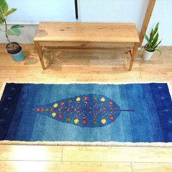 ペルシャ　ギャッベ　ランナー大　リビング　廊下敷　ラグ　195x75cm　ザクロの木と実　青色　RJ13434の画像