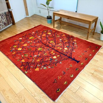 iichi限定 目玉品5/6迄】ペルシャ　ギャッベ　リビング　ラグ　193x153cm　ザクロの木　茜色　RJ12754の画像