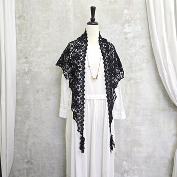 ロング三角ショール♧黒コットンレースの画像