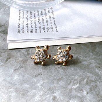 P633-ヴィンテージピアス U.S.A. 1980s Gold Tone Rhinestone Turtle Motifの画像