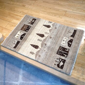 ペルシャ　ギャッベ　パルヴィーズ　コルクウール　カシュクリ　ラグ　マット　90x60cm　風景　無染め　RJ12850の画像
