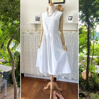 パリからの白のリネンでノースリーブワンピース『アリー・NS』ウエストバイアス切替・ギャザースカート・ホワイトリネン・麻・夏の画像