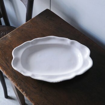 Moustiers ムスティエ 白釉 花リム オーバル皿 楕円皿 34.5cm フランス アンティーク 0501592の画像