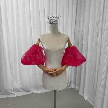 ビビッドピンク パフスリーブ ソフトチュール ストレッチ 花嫁 前撮り 可愛いの画像