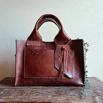【受注制作】square tote　濃いブラウン　オイルシュリンクレザーの画像