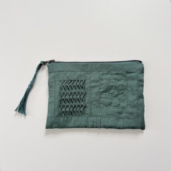 小さな布たちのフラットポーチ　ダークブルーグリーン