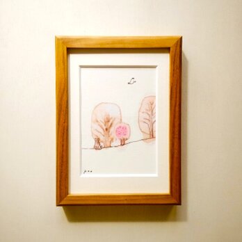 【猫の絵】原画「春」 ※2L木製額縁入り・水彩・インテリアアート