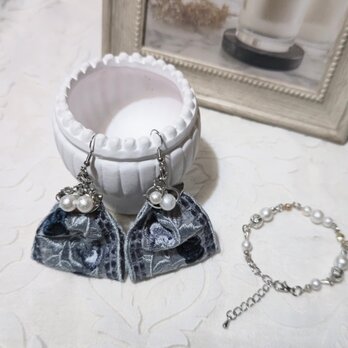 結婚式に リボン刺繍ピアス＆コットンパールブレスレット 1の画像
