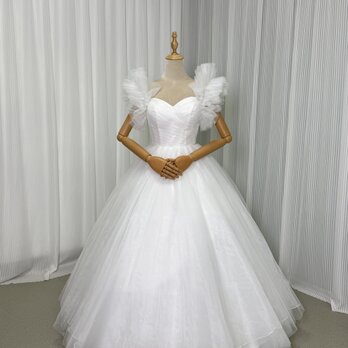 エレガント ウエディングドレス フレア袖 ロング プリンセスライン ファスナー 結婚式の画像