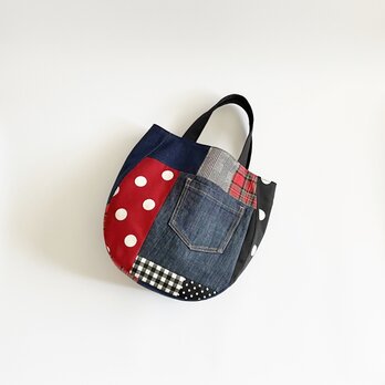 デニムパッチワークバッグ 赤ドット タータンチェック モノトーン A4