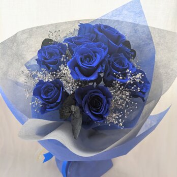 プリザーブドフラワー青い薔薇11本とかすみ草の花束／奇跡．神の祝福．夢かなうの画像