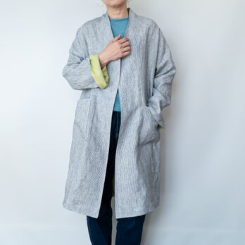 ヒッコリーストライプのリネンガウン【白黒×ライムイエロー・Vネック・膝丈】