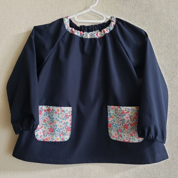 80～160size リバティB ①サックス ラセンビィコットン 長袖スモック 首パイピング Auley gardendsの画像