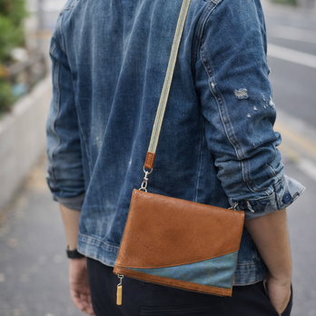 オーダー　牛革茶色×焼箔青貝箔地製　「道中ショルダー」