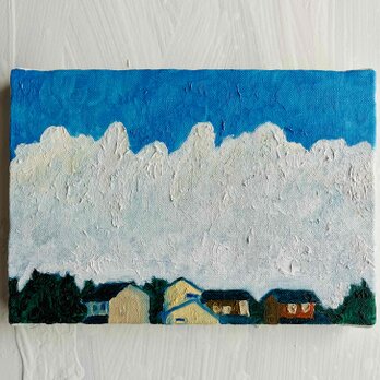 16×23㎝「民家と巨大雲の在る風景　20253-1」油彩・原画・サムホールサイズの画像