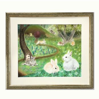 うさぎの村（パステル画　原画）　８号の画像