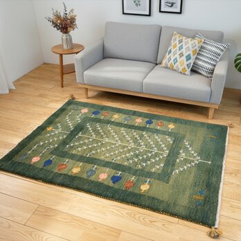値下げしました】ペルシャ　ギャッベ　ソファー前　ハーフラグ　140x96cm　緑色　ザクロの木　RJ6275