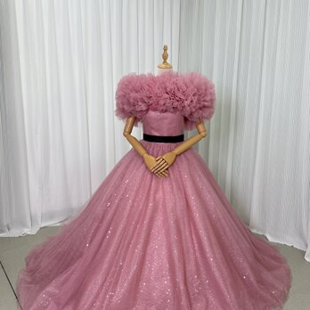 美品！ローズピンク&nbsp;カラードレス オフショルダー キラキラグリッターチュール ベルト チュールドレス 花嫁の画像