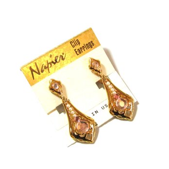 80s 「Napier」 Vintage Pink Rhinestone Gold Dangle Earringsの画像