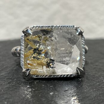ガーデンとヘマタイトwithルチルクォーツ　Half＆Half　LSQ　立体カット　爪留め　シルバーSV925リングの画像