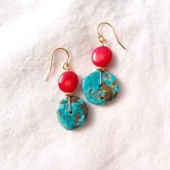 【K14gf】Turquoise × Red Coral Earrings／ターコイズ×レッドコーラル フックピアス