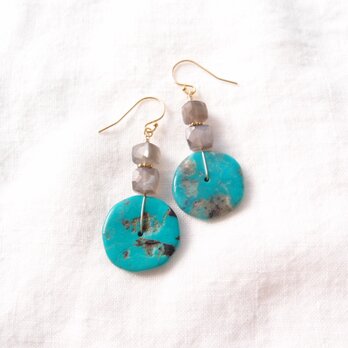 【K14gf】Turquoise × Gray Moonstone Earrings／ターコイズ×グレームーンストーン ピアスの画像